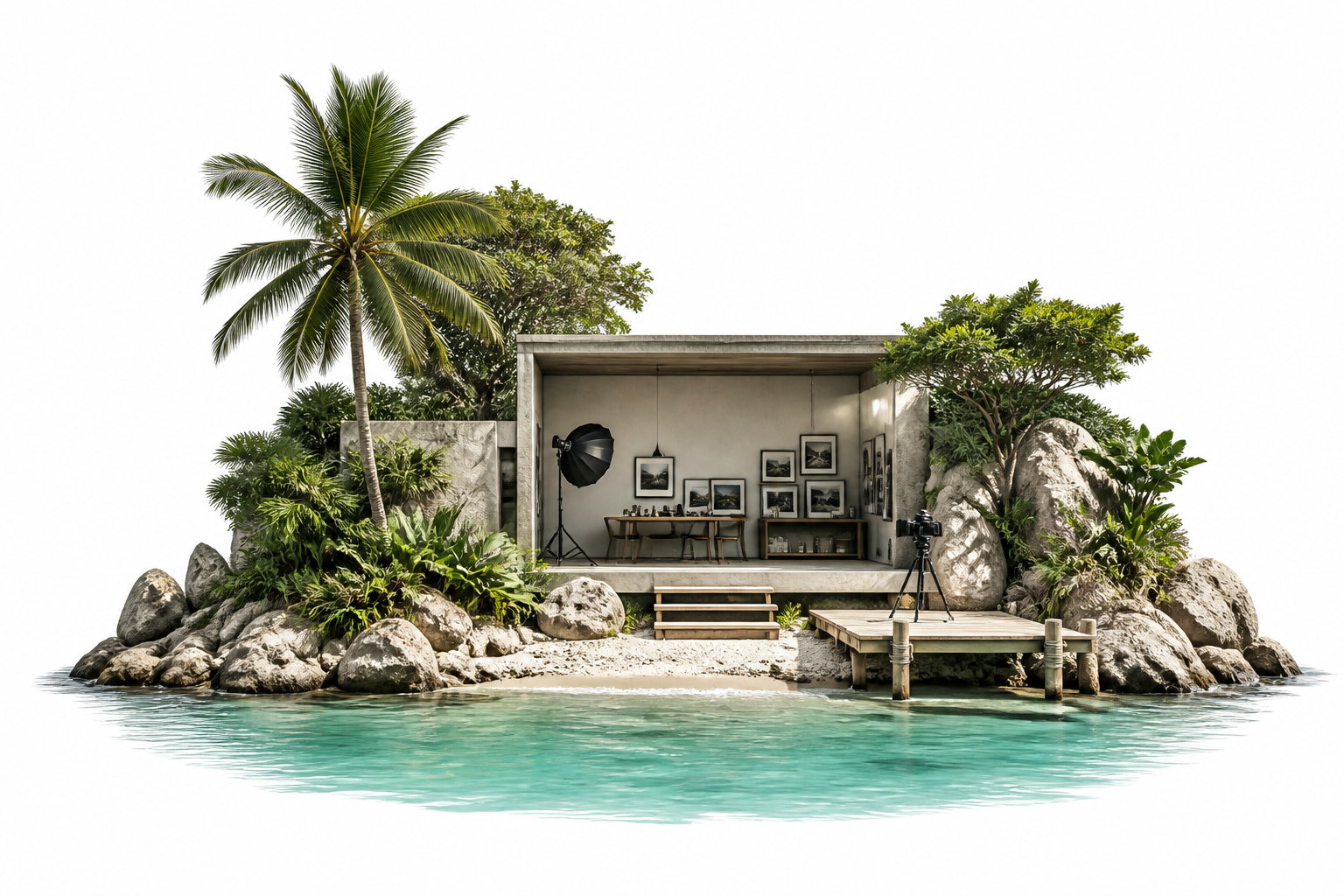 The Island Atelier studio — coastal workspace overlooking the harbour